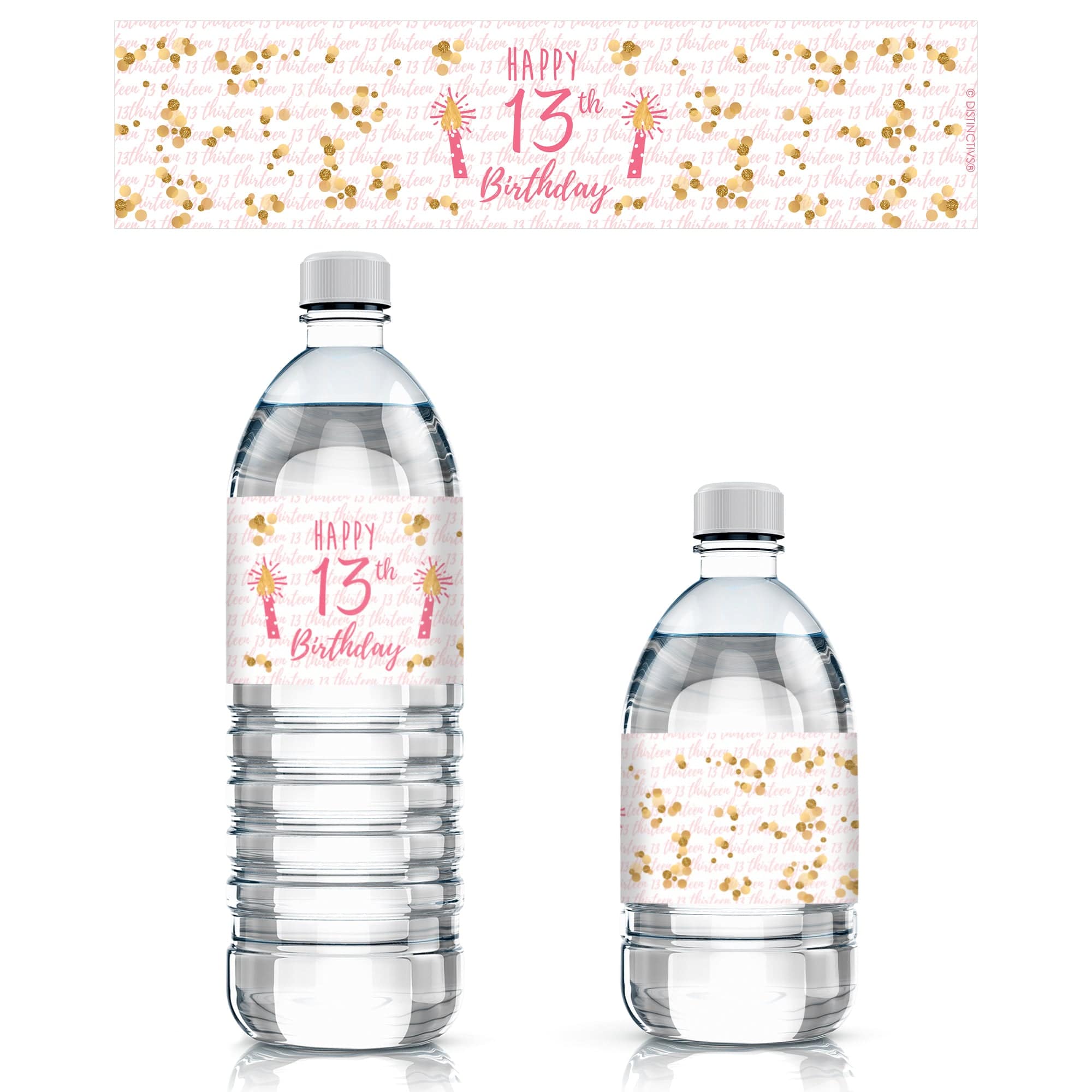 Pink and Gold 13th Birthday Party Water Bottle Labels - 24 Count